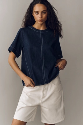 The Emmy Denim Short-Sleeve Swing Blouse by Maeve | Anthropologie (US)