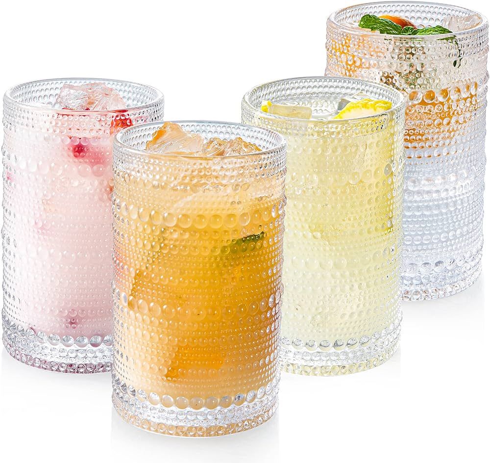 Hobnail Drinking Glasses Set of 4, Art Deco Vintage Glassware, 12 oz Tall Crystal Tumblers, Clear... | Amazon (US)
