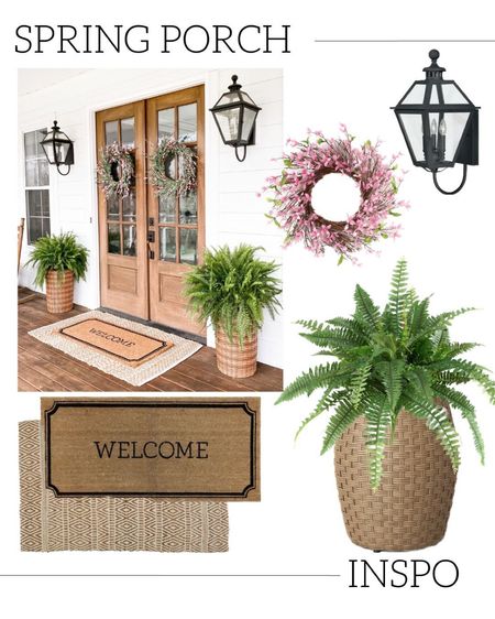 Spring front porch and front door inspiration and decor wreath fern planter basket lantern outdoor wall sconce lighting light fixture double layered jute scatter rug and welcome door mat target Amazon nearly natural finds sale 

#LTKSeasonal #LTKhome #LTKFind