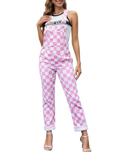 Odefou Checkered Pants Womens Overalls Fashion Bib Coveralls Cute Stretch Jeans Jumpsuit(Pink Checkered,L) | Amazon (US)