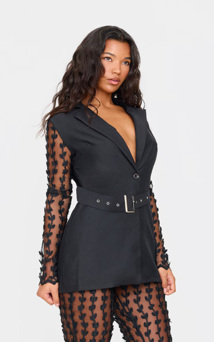 Black Woven Lace Sleeve Belt Blazer | Two Piece Sets | PrettyLittleThing US