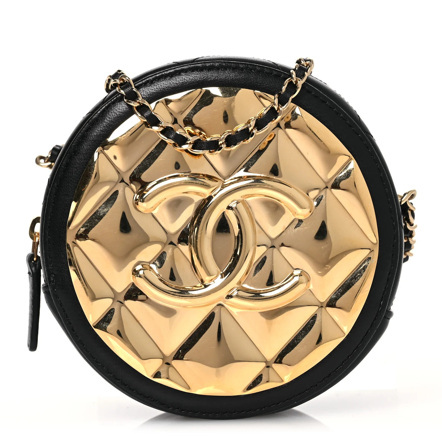 Lambskin Quilted Golden Plate Round Clutch With Chain Black | FASHIONPHILE (US)