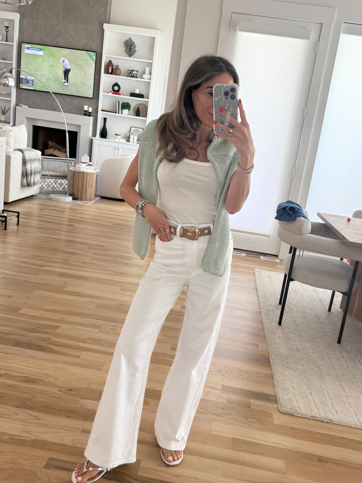 Favorite white wildlife jeans that are petite friendly with no hemming required. I paired it with this mint green cardigan in a super soft white Amazon tank for a fun outfit. Also love these rockstud￼ flip-flops that are super comfortable.

#LTKootd #LTKPetite