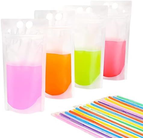 50 PCS Stand-Up Plastic Drink Pouches Bags with 50 Drink Straws, Heavy Duty Hand-Held Translucent... | Amazon (US)