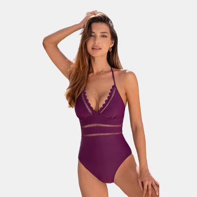 Women's Purple Scalloped V-Neck One-Piece Swimsuit - Cupshe-M-Purple | Target