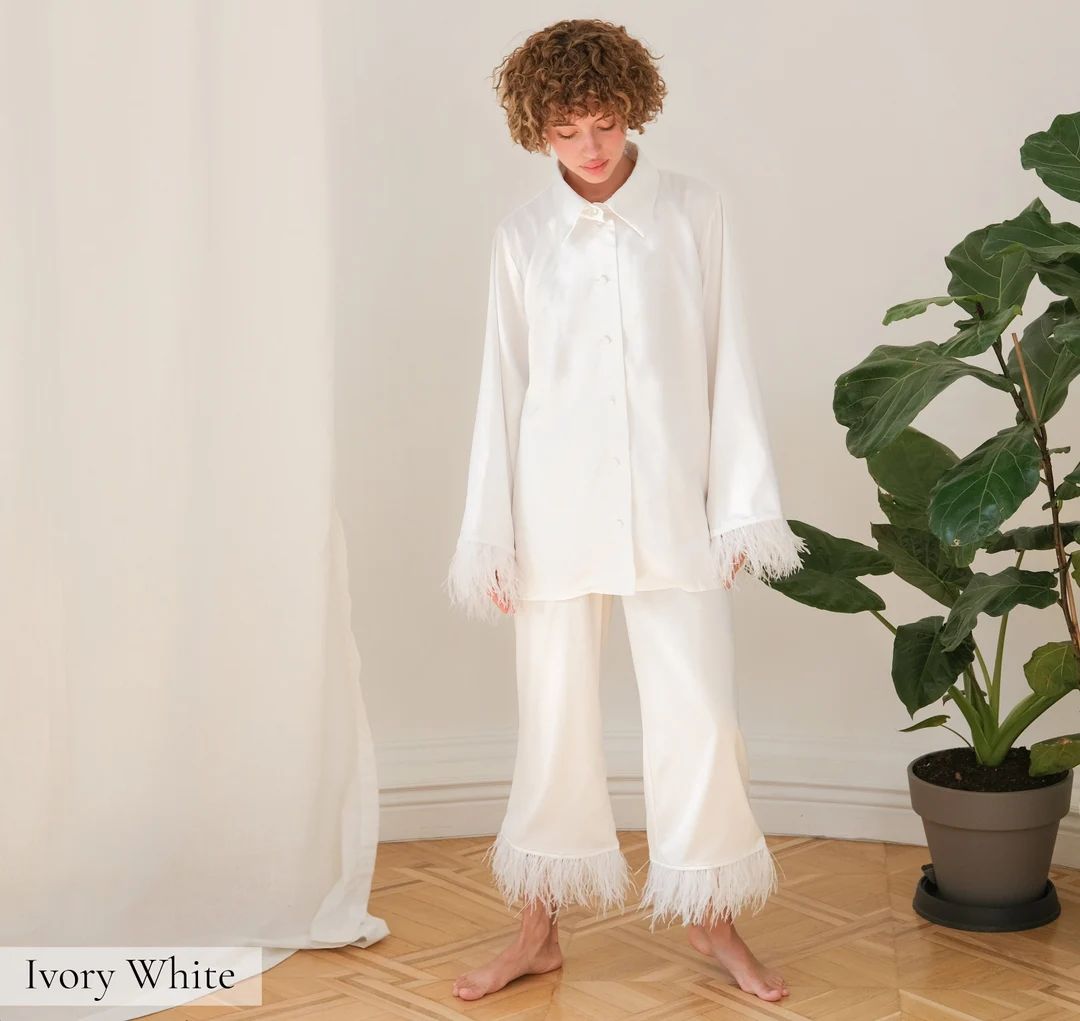 Bridal Pyjamas With Feather Bride Pajama Set Feathers White - Etsy | Etsy (US)