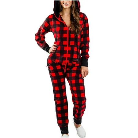Woman Plaid Hoods Hooded Casual Holiday Christmas Graphic One Piece Hoods Nightgowns Coverall for Wo | Walmart (US)