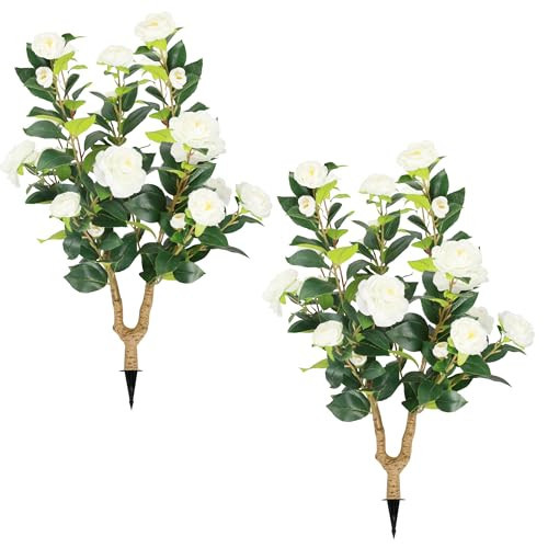Sunnyglade 2 Packs 35.5" Artificial Camellia Tree, Faux White Camellia Flowers Plant with Spike, Fake Greenery Tree for Spring Home Front Door Outdoor Indoor Decoration (White) | Amazon (US)