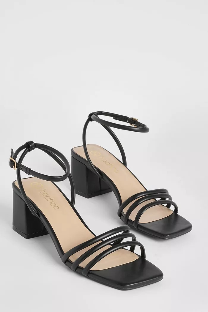 Square Toe Triple Strap Low Block Heel Sandals | Boohoo.com (UK & IE)