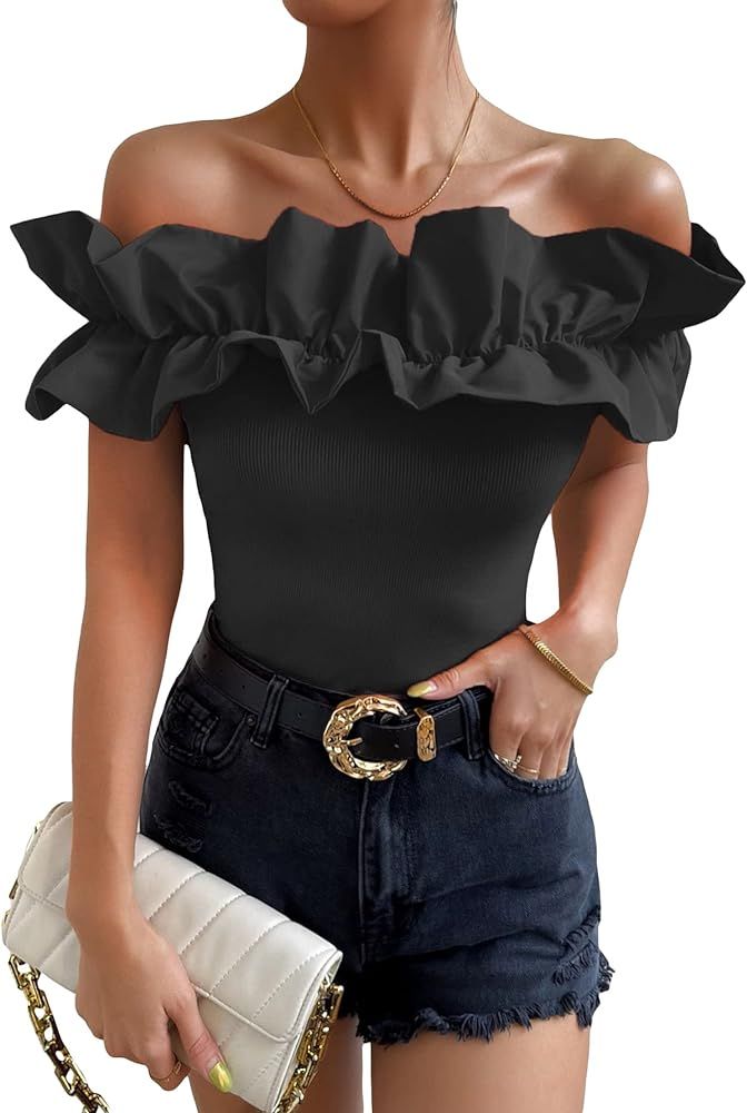 OYOANGLE Women's Ruffle Trim Off Shoulder Short Sleeve Blouse Party Tops Shirt | Amazon (US)