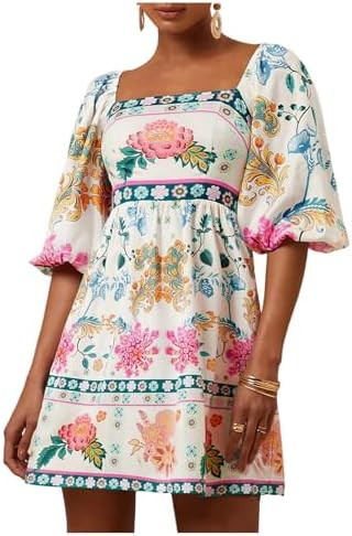SOLY HUX Women's Floral Print Dress Square Neck Puff Sleeve A Line Short Boho Summer Dresses | Amazon (US)