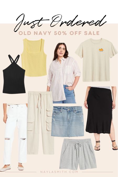 My order from the Old Navy 50% off spring sale!
Black halter top - M
Butter yellow tank - L
Striped button up - L
Graphic tee - L
White jeans - 14
Cargo pants - L
Denim mini skirt - 14
Grey lounge shorts - L
Black midi skirt - L

Spring fashion, spring outfits, vacation outfits, spring wardrobe basics, affordable fashion 


#LTKfindsunder50 #LTKsalealert #LTKSeasonal