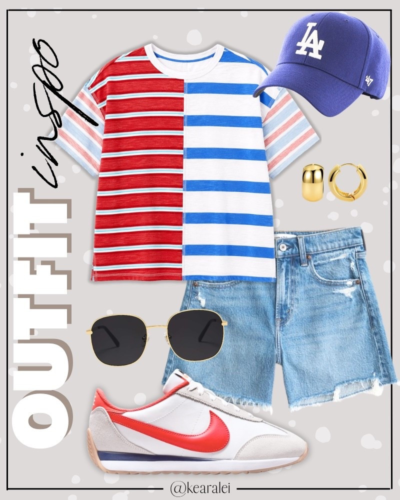 Fourth of July outfit 4th of July outfits 2026 patriotic red white and blue outfit stripe shirt color block tshirt contrasting striped shirt crew neck tees Nike women’s pacific sneakers crimson navy shoes, Womens denim shorts cut offs Abercrombie & fitch distressed Jean shorts, blue Los Angeles dodgers baseball hat, American honey trucker snap back baseball hat retro 2-tone canvas baseball cap red and blue hat, huggies hoops earrings gold filled gold plated bracelets retro brown oversized aviator sunglasses summer outfits bbq outfits beach outfit vacation outfits resort wear swimsuit coverup cruise clothes || #amazon #outfit #summer #American #4thofjuly #patriotic #tshirt #shorts #affordable 
.
.
.

Fitness Wear, Activewear, exercise outfit, workout leggings, sports bra, Lulu lemon, free people motion active athleisure Amazon fashion, teacher outfits, business casual, casual outfits, neutrals, street style, Midi skirt, Maxi Dress, Swimsuit, Bikini, Travel, skinny Jeans, Puffer Jackets, Concert Outfits, Cocktail Dresses, Sweater dress, Sweaters, cardigans Fleece Pullovers, hoodies, button-downs, Oversized Sweatshirts, Jeans, High Waisted Leggings, dresses, joggers, fall Fashion, winter fashion, leather jacket, Sherpa jackets, Deals, shacket, Plaid Shirt Jackets, apple watch bands, lounge set, Date Night Outfits, Vacation outfits, Mom jeans, shorts, sunglasses, Disney outfits, Romper, jumpsuit, Airport outfits, biker shorts, Weekender bag, plus size fashion, Stanley cup tumbler Target, Abercrombie and fitch, Amazon, Shein, Nordstrom, H&M, forever 21, forever21, Walmart, asos, Nordstrom rack, Nike, adidas, Vans, Quay, Tarte, Sephora, lululemon, free people, j crew jcrew factory, old navy

#LTKootd #LTKSeasonal #LTKSaleAlert
