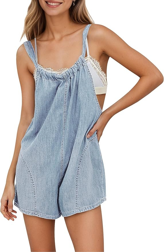 YUENIU Women's Denim Overalls Shorts Rompers Summer Casual Loose Adjustable Tie Back Jean Jumpsui... | Amazon (US)