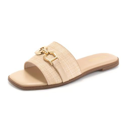 Rihero Women's Flat Sandals Comfortable Dressy Square Peep Toe Slides Slip On Beach Cute Ladies Raffia Sandals Size 8 | Amazon (US)