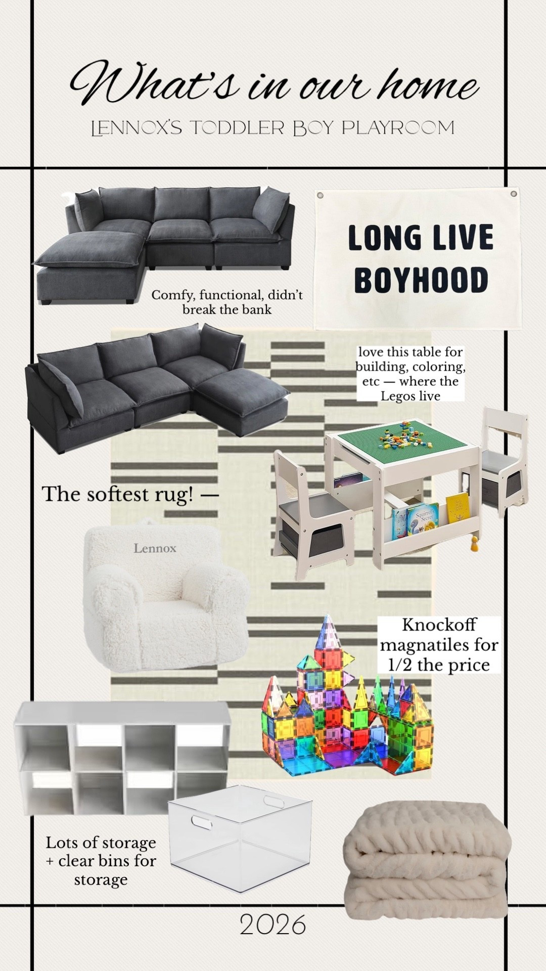 Home decor: playroom must-haves for us : comfy, yet affordable sofa that is “okay if it gets ruined eventually”, lots and lots of storage, clear bins so you can see the sorted toys without dragging them all out, coloring/lego table, and a cozy blanket for me 😂 

#LTKHome #LTKKids #LTKBaby
