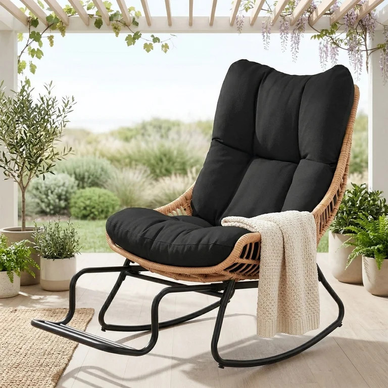 Tappio Rocking Papasan Chair with Adjustable Footrest, Outdoor Egg Rocking Chair with Thick Cushi... | Walmart (US)