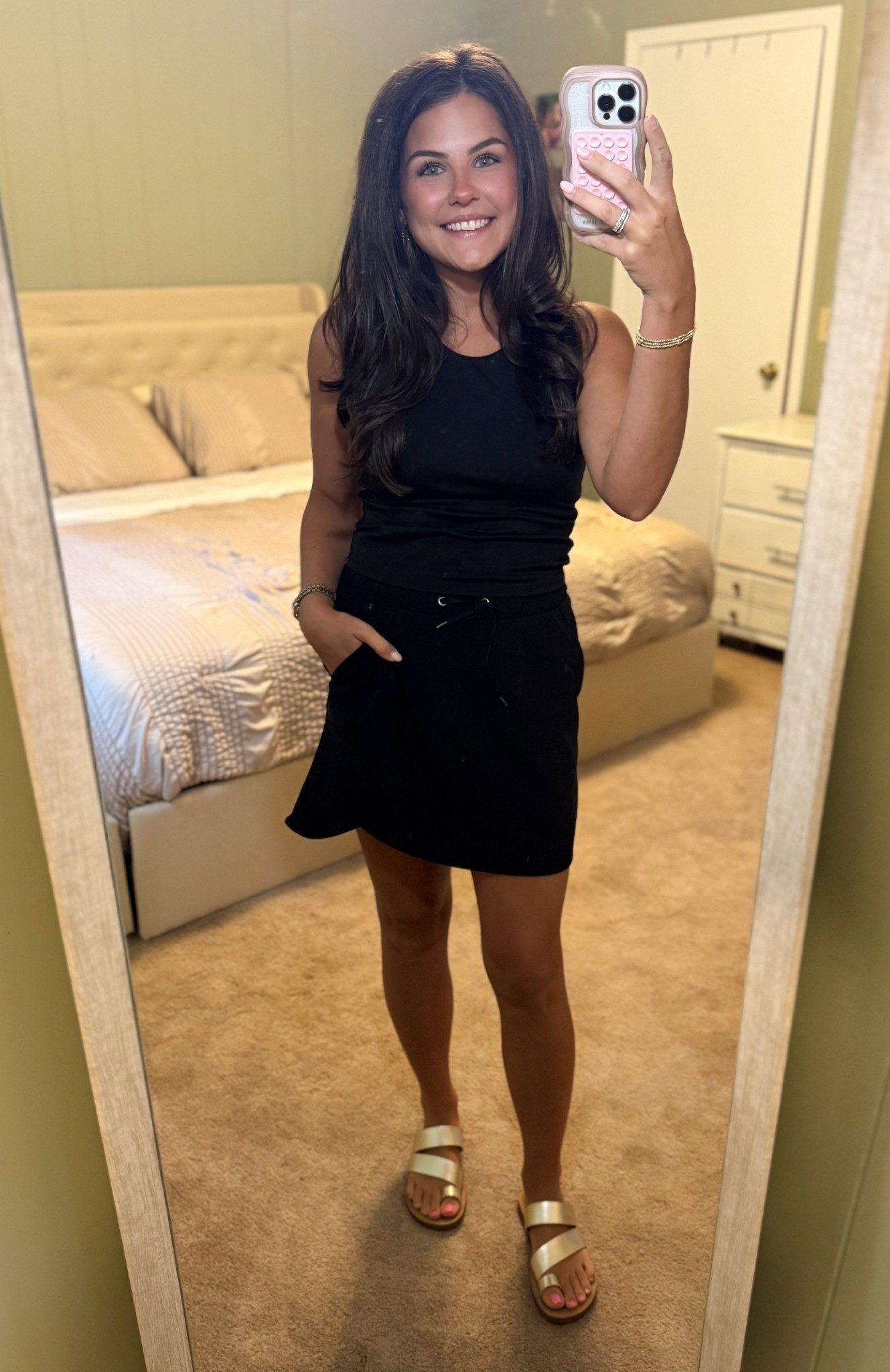 Easy + comfy summer look ☀️🖤 This black set is perfect for everyday errands or a casual night out. And these gold sandals? Go with everything! Linking the same style in two other color options plus a similar gold pair since mine are sold out.

#LTKPetite