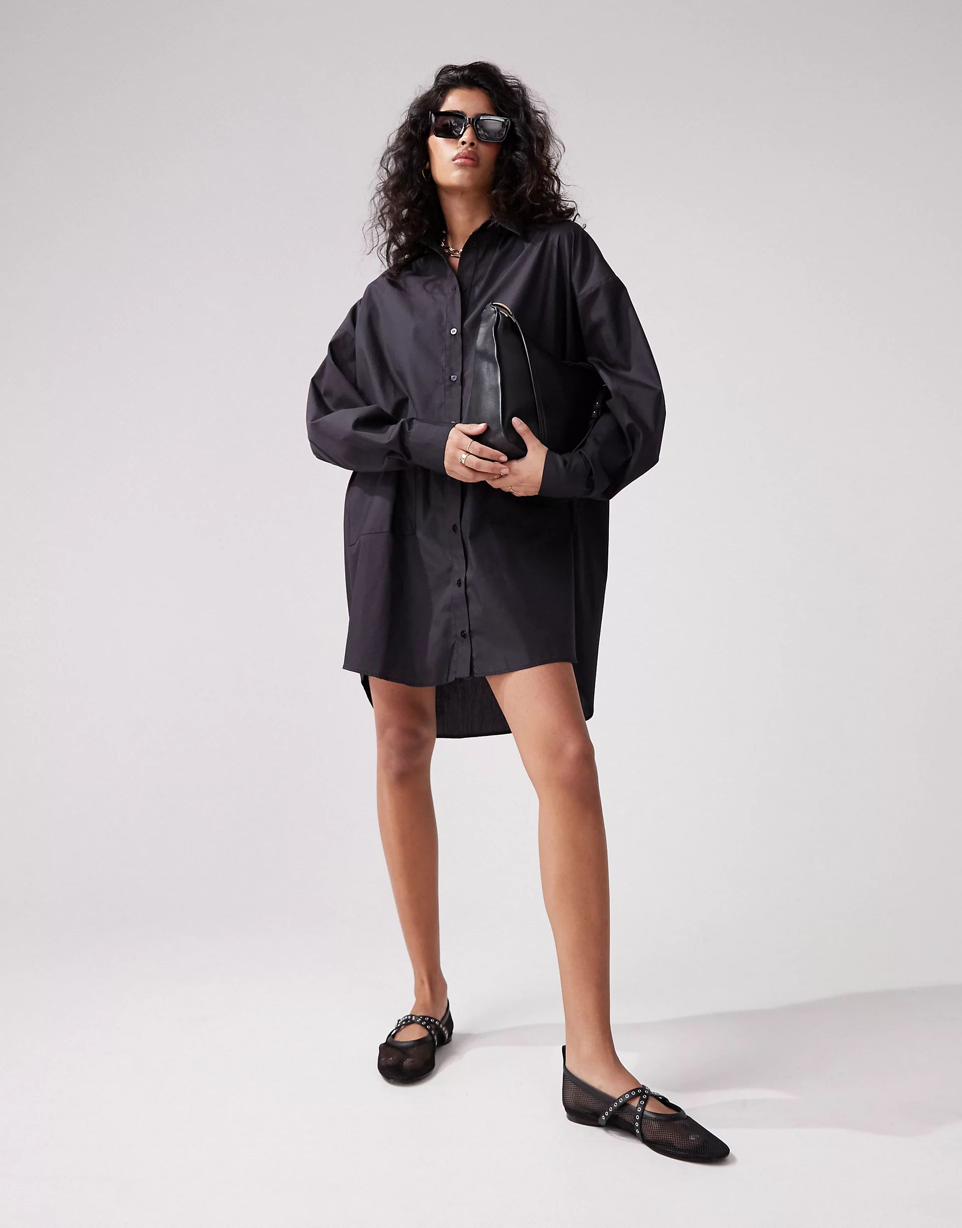 ASOS DESIGN oversized shirt dress with dropped pockets in midnight black | ASOS (Global)