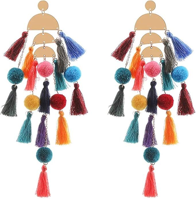 Long Tassel Earrings Statement Bohemian Pom Ball Handmade Drop Dangle Earrings for Women Girls | Amazon (US)