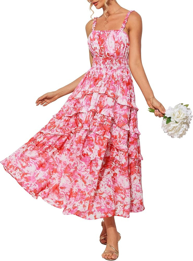 GRACE KARIN Women's Floral Summer Wedding Guest Dresses 2025 Trendy Long Flowy Smocked Tiered Max... | Amazon (US)