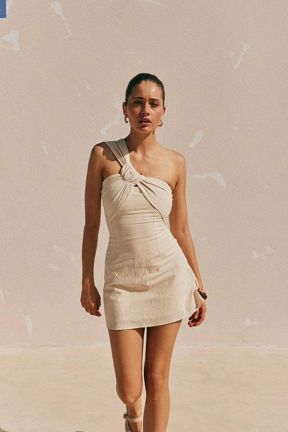 Beige One Shoulder Cutout Mini Knot Dimmi Dress | Sabo Skirt US