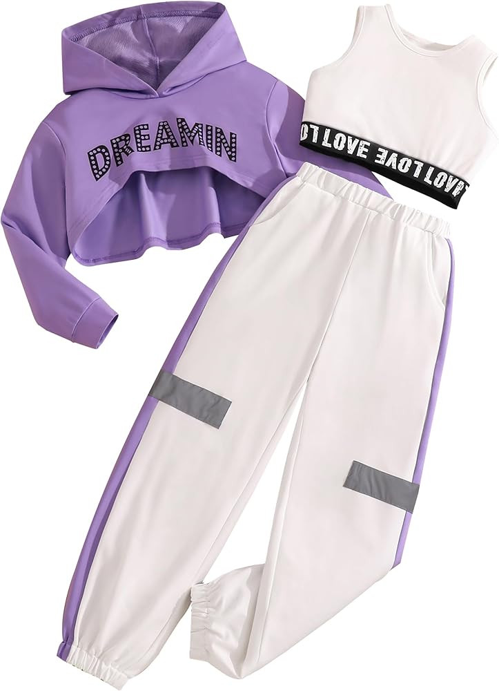 Girls Graphic 3 Piece Outfits Workout Hoodie Crop Tank and Sweatpants Hip Hop Dance Set | Amazon (US)