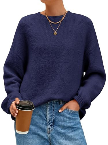 MASCOMODA Long Sleeve Crewneck Pullover Oversized Sweaters for Women Fall 2025 Casual Loose Fuzzy Chunky Knitted Jumper Tops(Navy Blue,XX-Large) | Amazon (US)