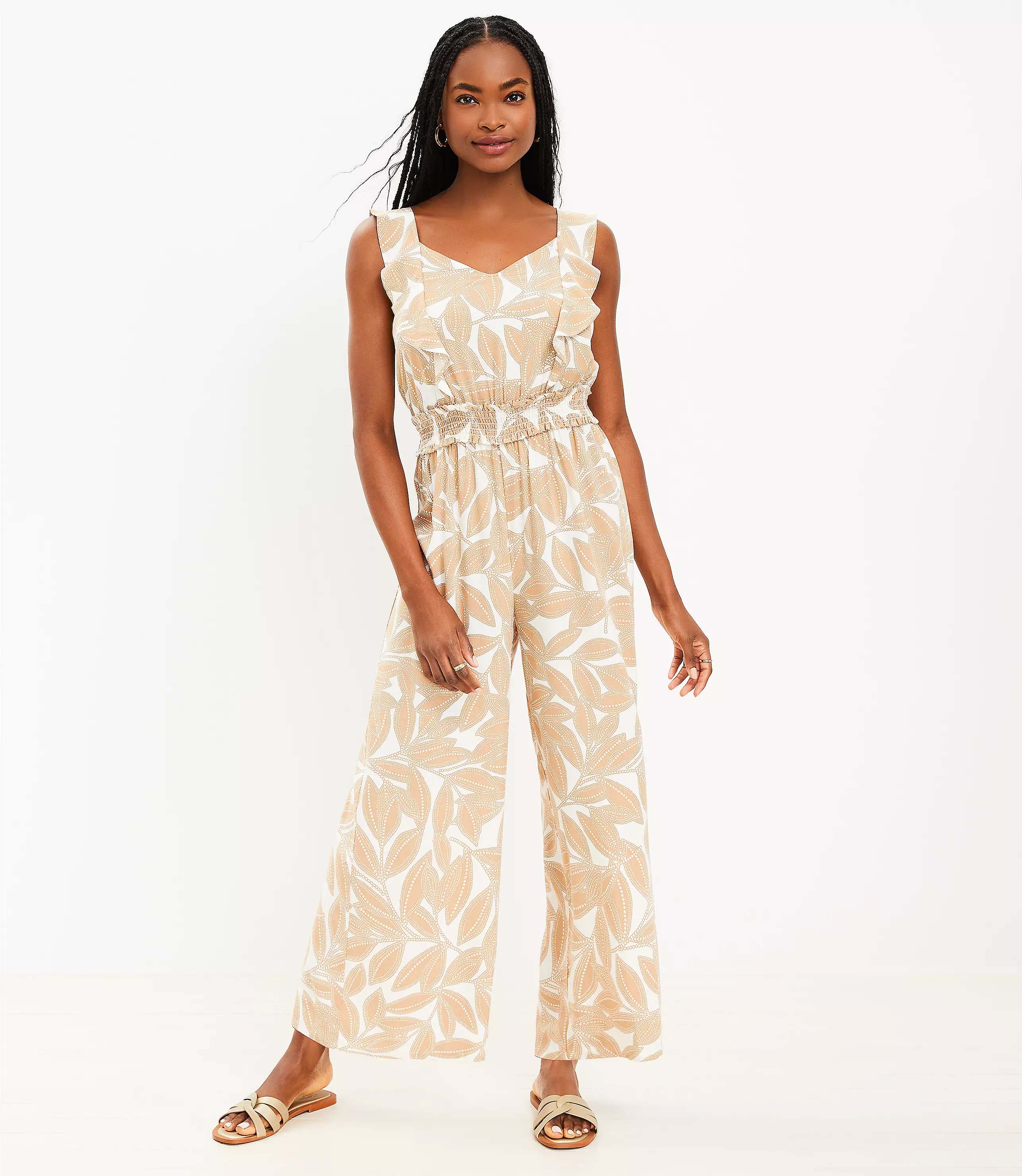 Leafed Smocked Waist Ruffle Jumpsuit | LOFT