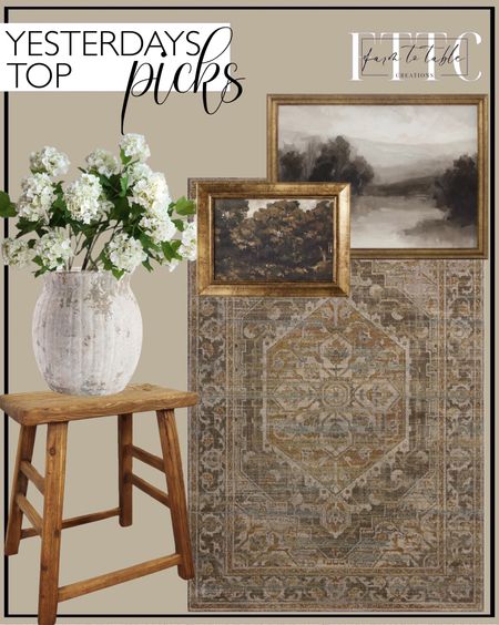 Yesterday’s Top Picks. Follow @farmtotablecreations on Instagram for more inspiration.

Weathered Handcrafted Terracotta Vase. 25" Faux Snowball Flower in Cream/Green, Real Touch Flowers, Faux Botanicals. Chinese Old Antique Wooden Stool. 16"x12" Moody Trees Framed Wall Canvas Board - Threshold designed with Studio McGee. Joanna Gaines Magnolia Loloi Rug Mona Rug. My Texas House Foggy Riverbend Landscape Framed Emb Canvas. 

#LTKhome #LTKfindsunder50 #LTKsalealert