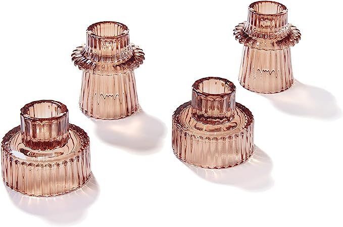 Amber Glass Candle Holders - Set of 4, Taper Candlestick Holder, Two Different Sizes, Modern Flut... | Amazon (US)