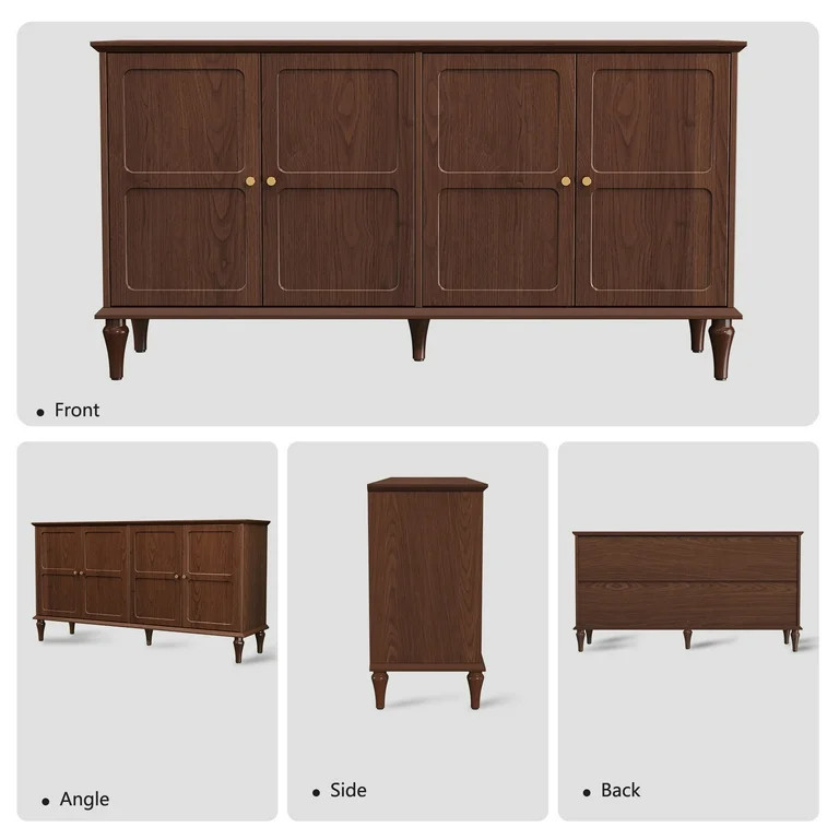 HLR Mid Century 58" Wood 4 Door Sideboard Buffet Cabinet with Storage for Living Dining (Brown) -... | Walmart (US)