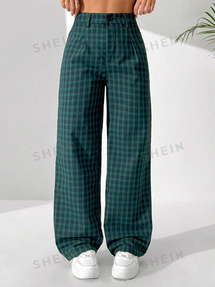 SHEIN EZwear Women's Retro Plaid Printed Casual Straight-Legged Long Pants | SHEIN
