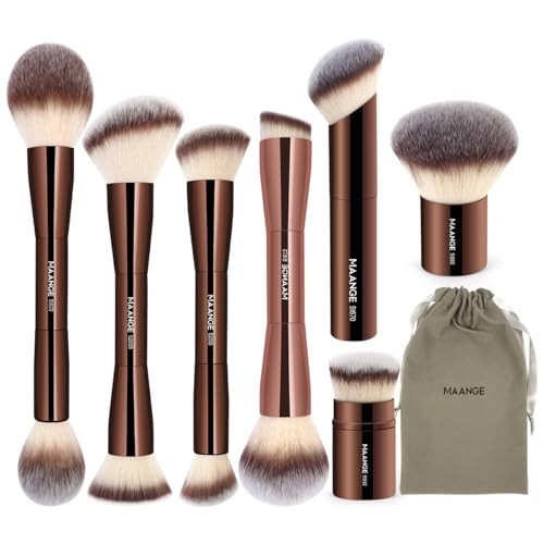 MAANGE 7pcs Makeup Brush Set Double Sided Kabuki Makeup Brushes Contour Brush for Foundation Liquid Powder Concealer Cream Cosmetics Bronzer Blending Blush Buffing Makeup Tools (Coffee) | Amazon (US)