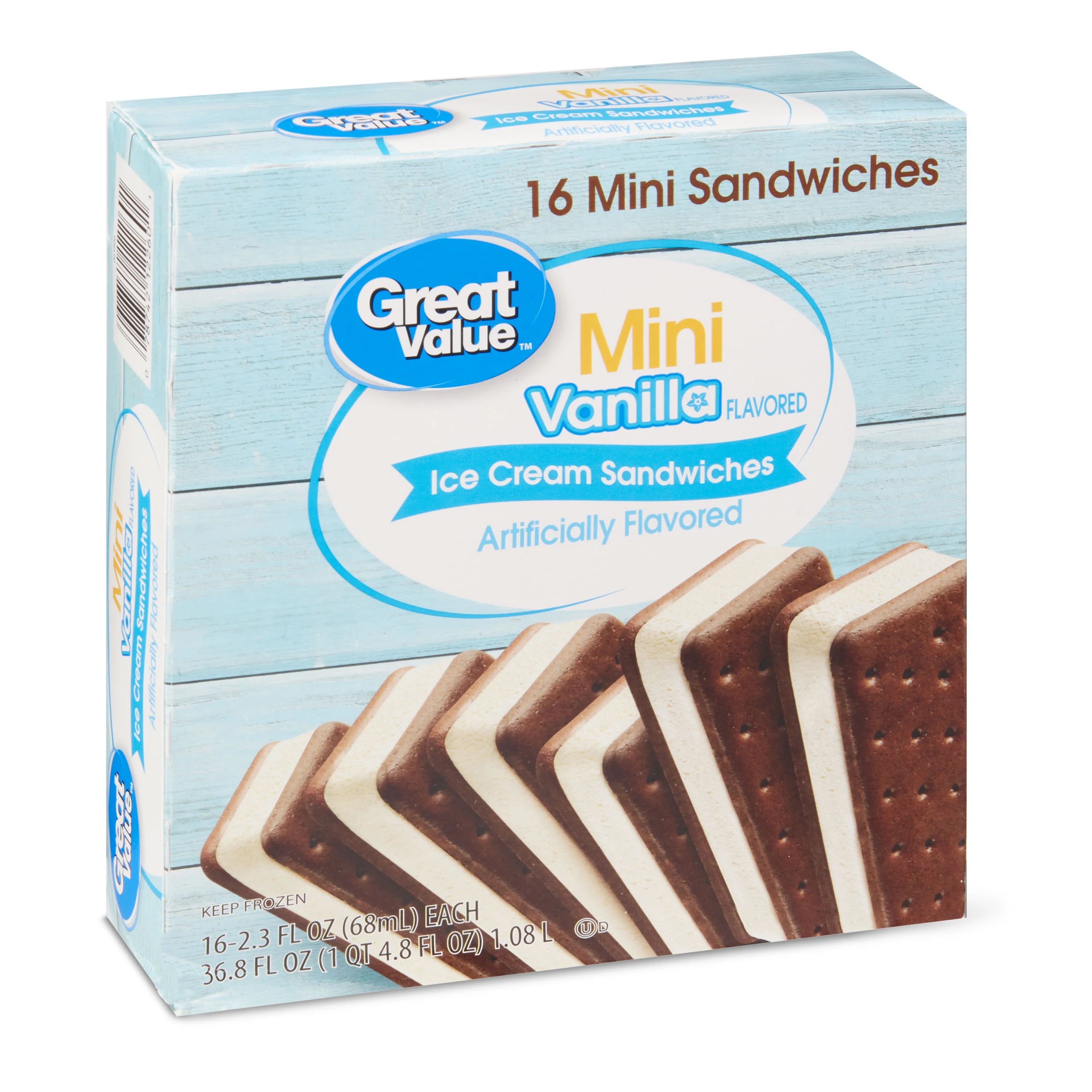 Great Value Mini Vanilla Flavored Ice Cream Sandwiches, 2.3 fl oz, 16 Count | Walmart (US)
