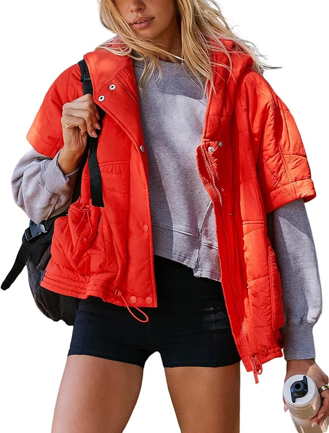 Zhiyouni Women's Quilted Puffer Vest Casual Hooded Short Sleeves Padded Jacket Poncho Outerwear | Amazon (US)