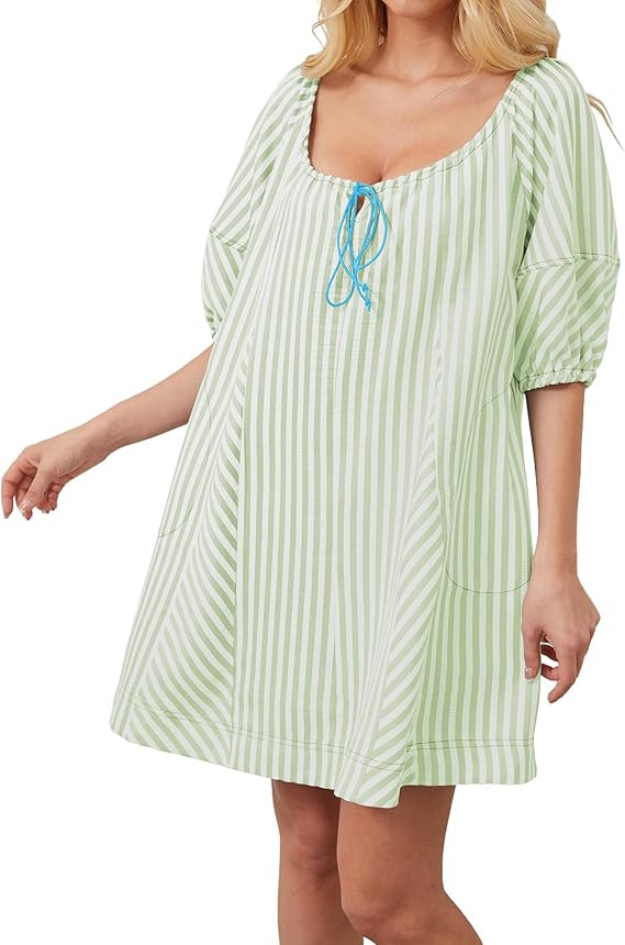 Women Striped Summer Dress with Pockets Casual Loose Puff Sleeve Mini Dress Adjustable V Neck Ove... | Amazon (US)