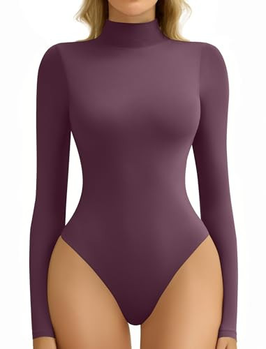 Avidlove Bodysuits for Women High Neck Long Sleeve Body Suits Snap Closure Double Lined Mock Neck Bodysuit Soft (Dark Purple, M) | Amazon (US)