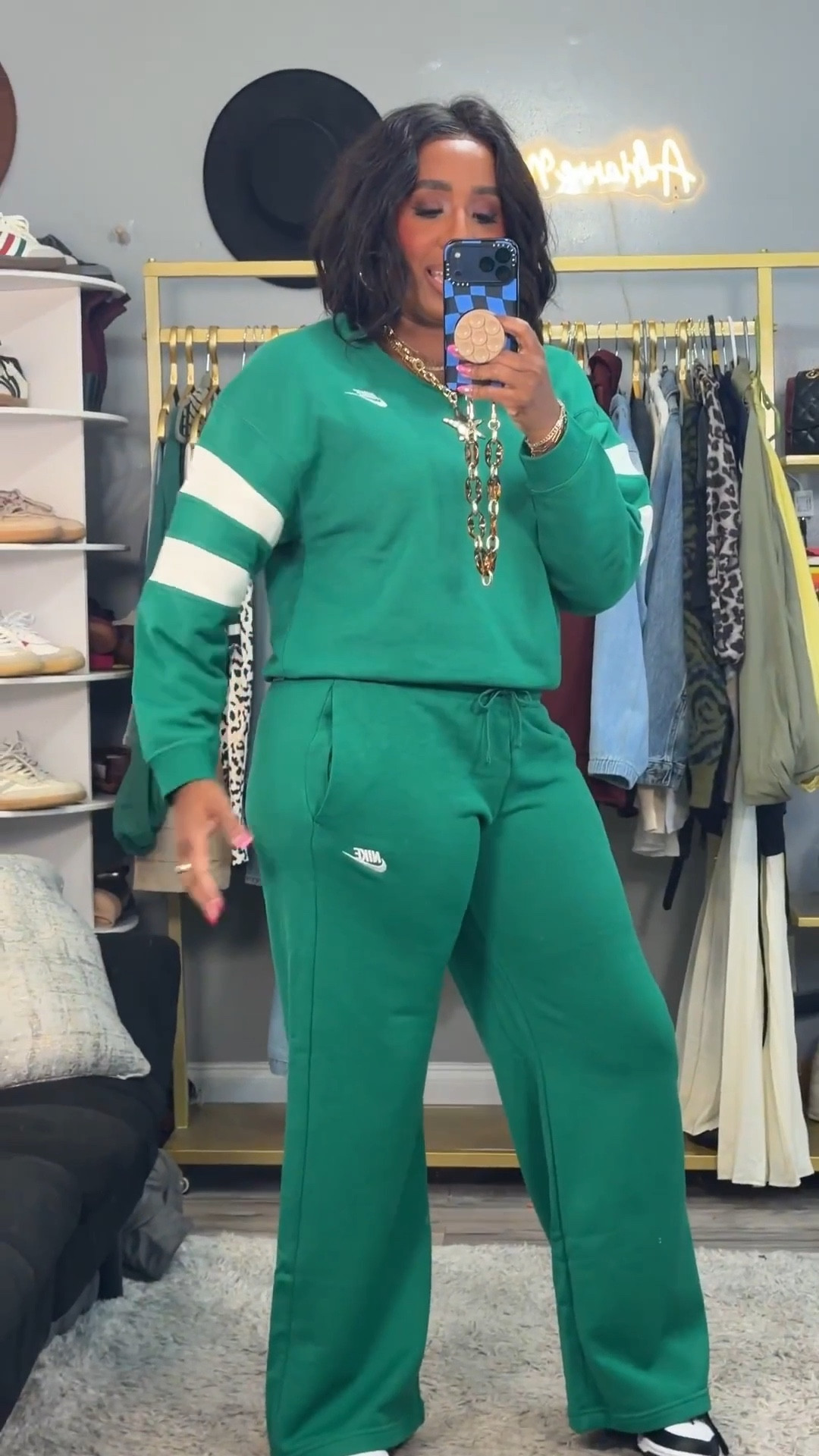 Three Nike looks… three completely different vibes 👏🏾✨

Look 1: Sporty street chic 🖤
Cropped Nike jersey paired with wide leg pants for that effortless “cool girl off duty” feel. Add chunky boots + oversized sunnies and it’s giving casual but styled.

Look 2: Elevated athleisure 💗
Striped button down + wide leg pants styled comfy but polished. Perfect for running errands, brunch, or casual work days when you still want to look put together.

Look 3: Bold & comfy 💚
Matching Nike set in this standout green is EVERYTHING. Soft, relaxed fit but still flattering. Throw on sneakers and you’re ready for travel days, school drop off, or weekend lounging in style.

All pieces are linked here for easy shopping 🛍️
Comfort + confidence every single time.

#LTKActive #NikeStyle #AthleisureWear #SportyChic #Over40Style #CasualChic #NikeWomen #EverydayStyle
