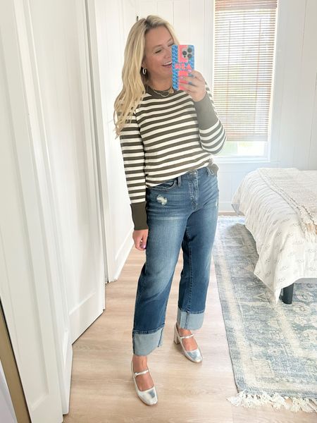 The perfect striped sweater via Walmart! Wearing a size small. Jeans are a 6. Add a pop of fancy to your look with these cute Mary Janes!

#LTKstyletip #LTKover40 #LTKFind