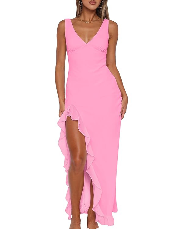 Mokoru Women's Sexy Bodycon V Neck Sleeveless Ruffle Hem High Slit Cocktail Party Maxi Dresses | Amazon (US)