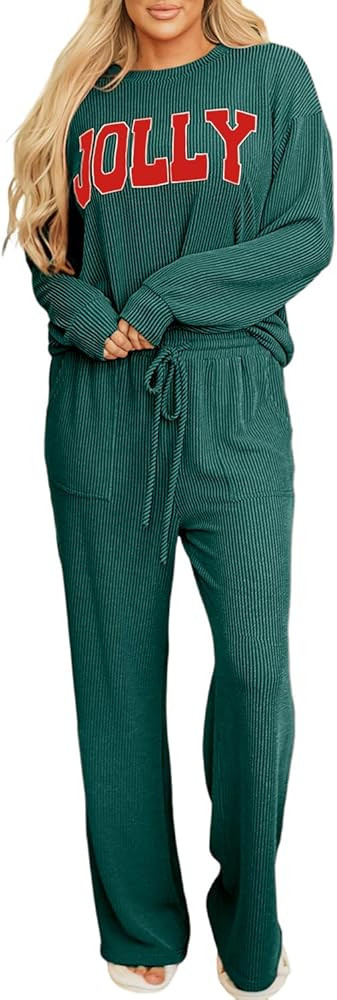 Women Pajamas Set Loungewear Ribbed Long Sleeve Top and Pants with Pockets Lounge Sweatsuit Set | Amazon (US)