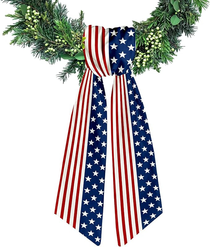 Patriotic Wreath Sash for Front Door Red White Stripe Wreaths Satin Sash Star Garland Ribbon Acce... | Amazon (US)
