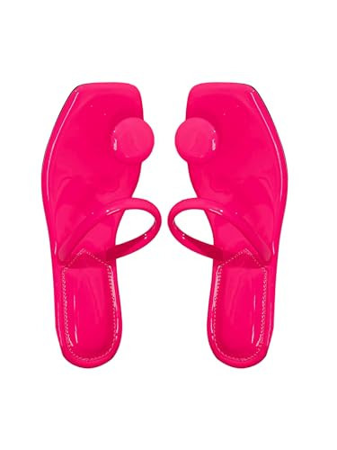 SweatyRocks Women's PU Leather Open Square Toe Thong Sandals Round Decor Outdoor Flat Sandals Hot Pink 6.5 | Amazon (US)