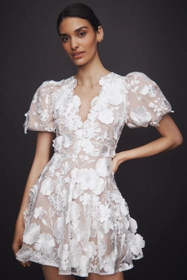 Elliatt Selene Short-Sleeve V-Neck 3D Floral Lace Mini Dress | Anthropologie (US)