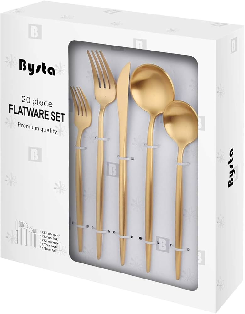 Matte Gold Silverware Set, Bysta 20-piece Stainless Steel Flatware Set Cutlery Set Service For 4, Sa | Amazon (US)