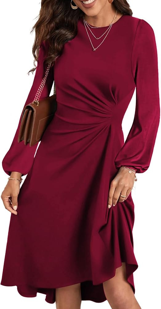 Happy Sailed Women's Long Sleeve Ruched Waist Flowy A Line High Low Midi Cocktail Party Dress | Amazon (US)