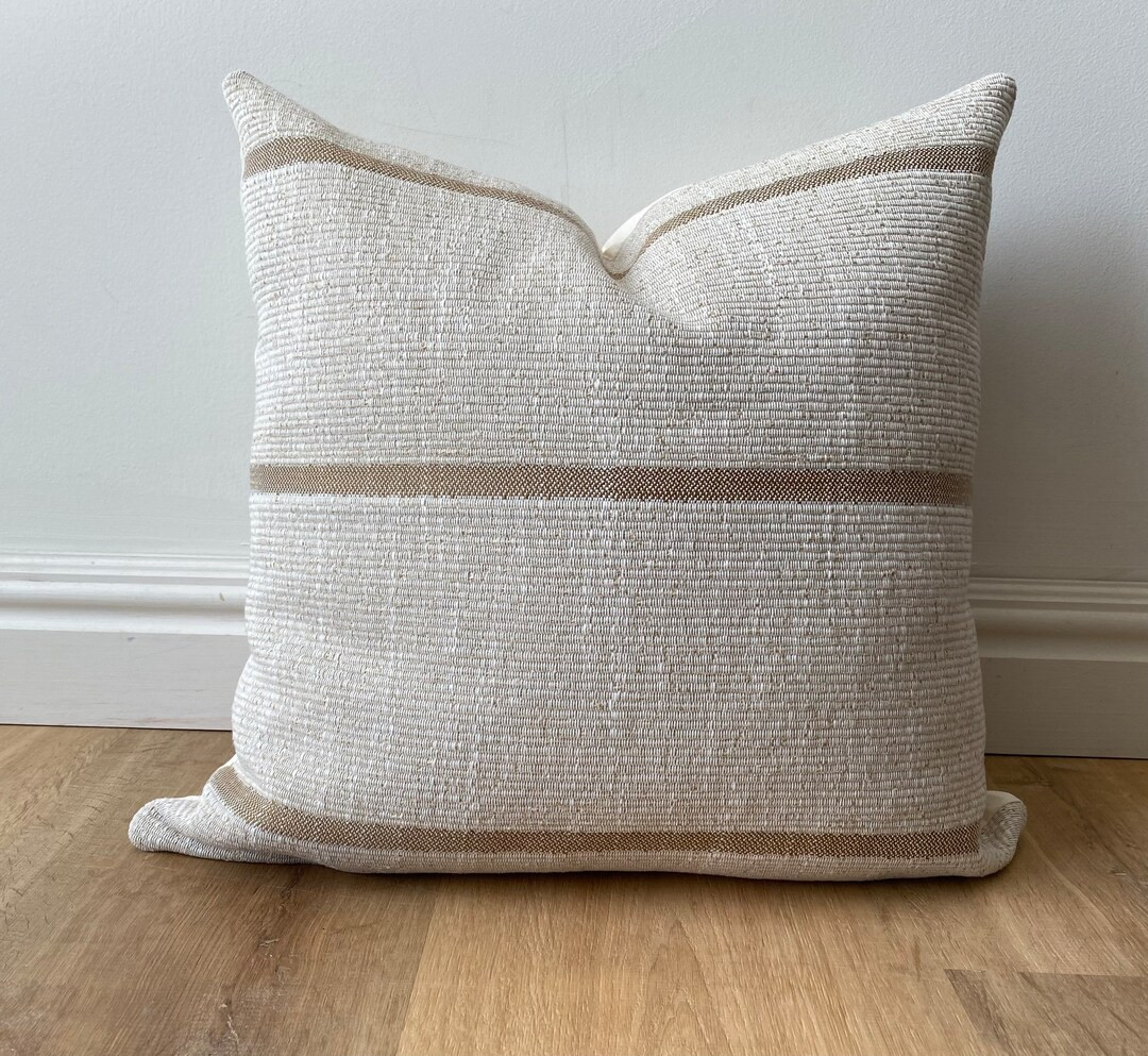 Designer coastal boho light beige tan amber caramel stripe pillow cover cozy textural available i... | Etsy (US)