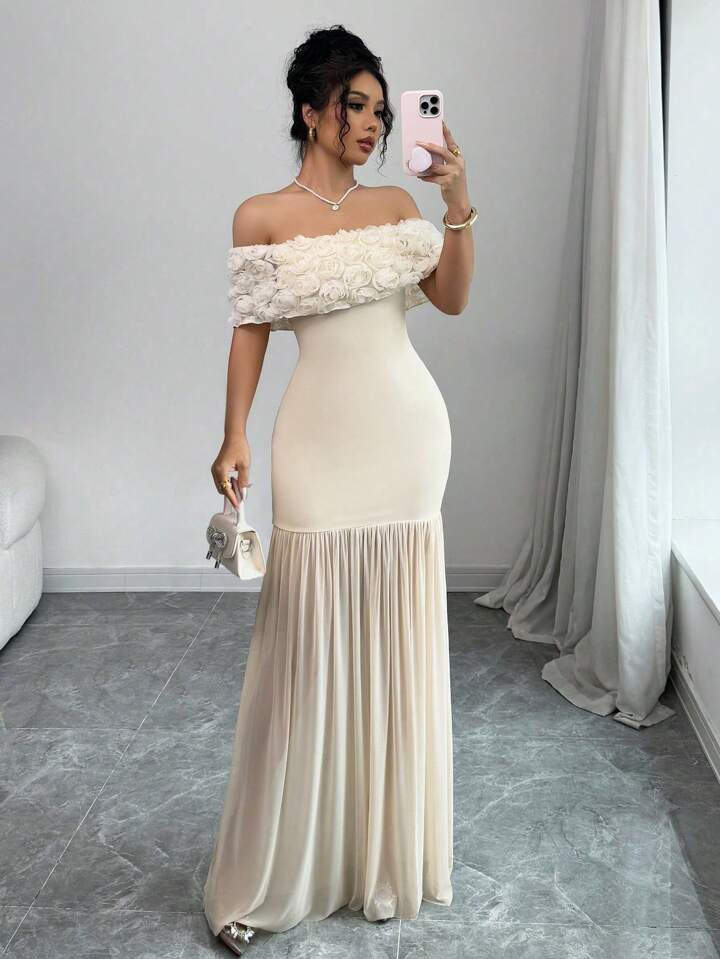 Rafferiza French Style Long Off Shoulder Dress, Gathered Waist, Elegant & Slimming, Holiday Party Dress | SHEIN