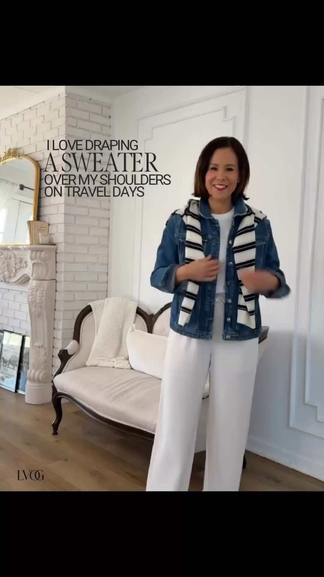 Easy travel look - styling a denim jacket and draping a sweater over your shoulder!

#LTKSeasonal #LTKOver40 #LTKTravel